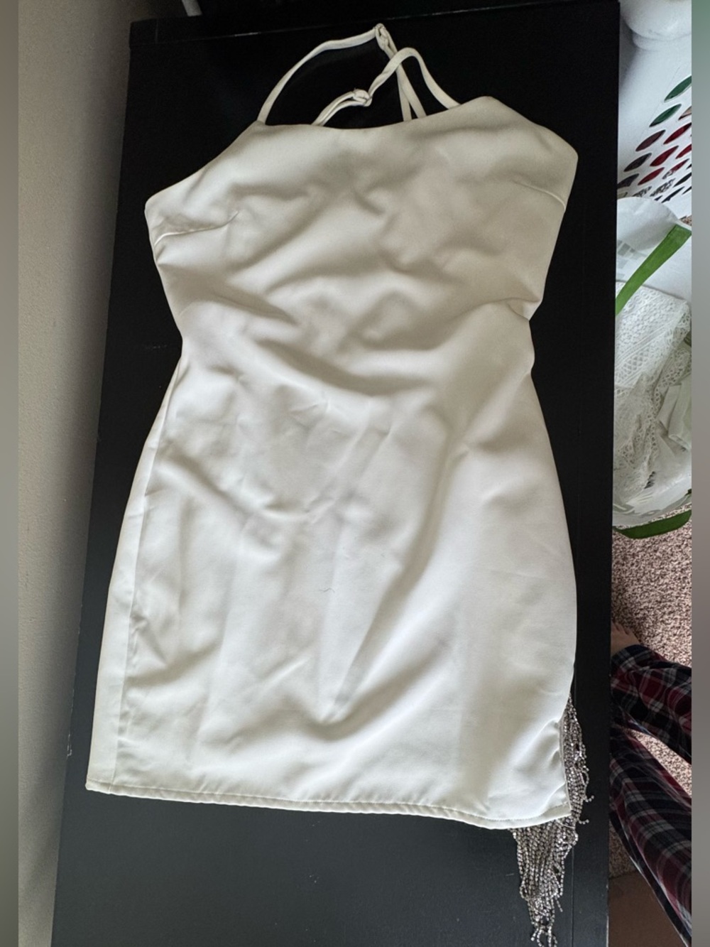 White Satin Slip Dress with Beaded Fringe